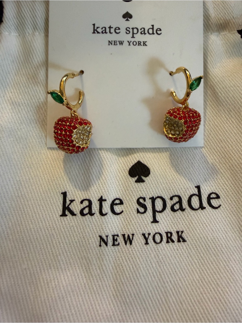 kate spade Gold-Tone Red Apple Crystal Hoop Drop Earrings